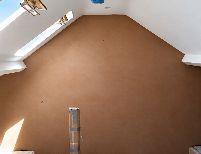 Fresh plaster skim on a tall gable feature wall beneath a skylight in Crystal Palace.