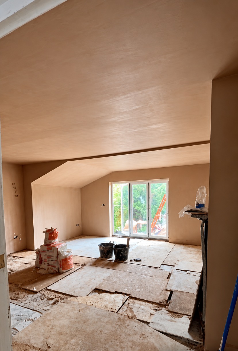 Large room after plastering, with glass garden doors and a fresh skim finish in Streatham.