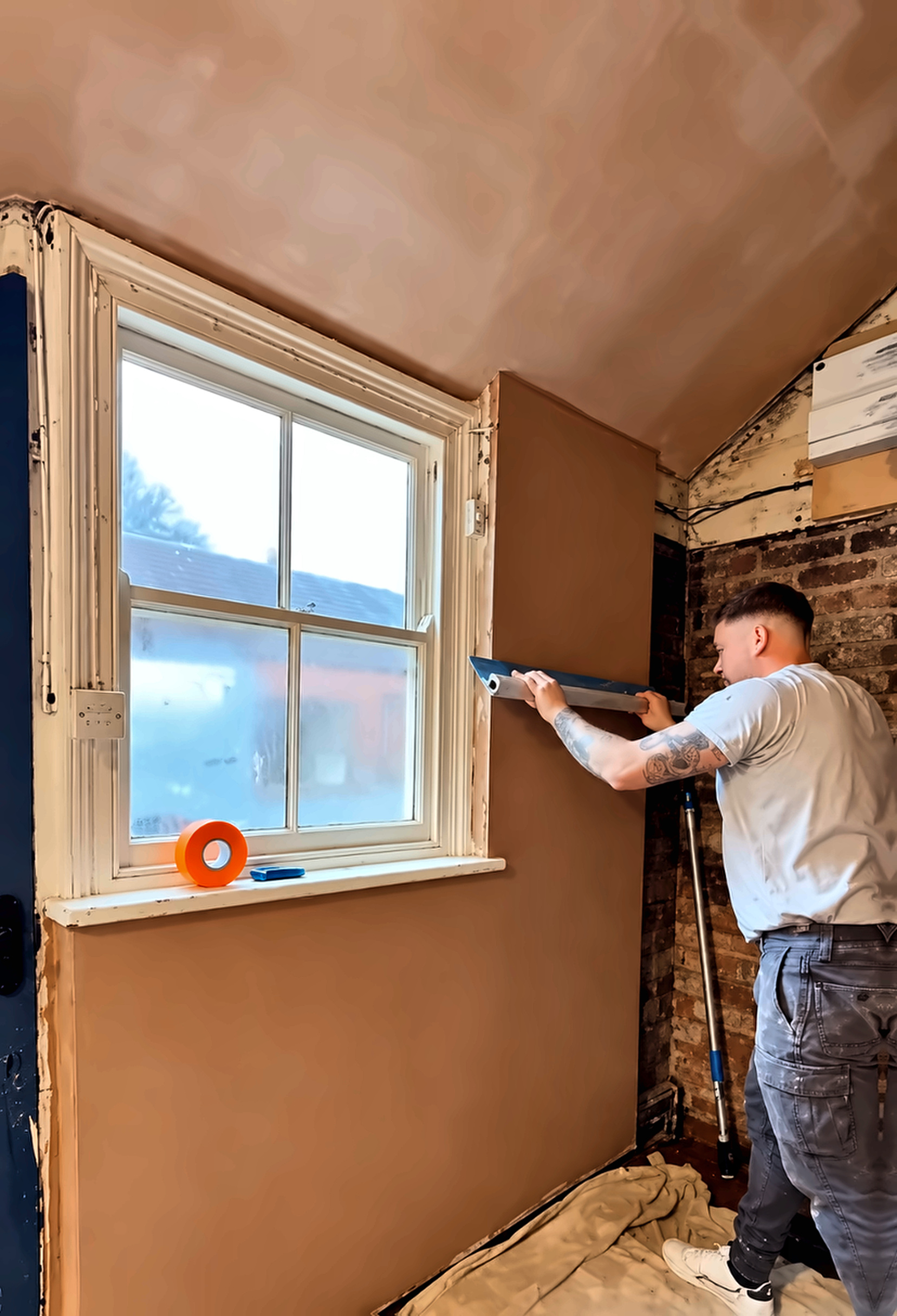 Plasterer skimming beside a window with a hawk and trowel in a SE London home.