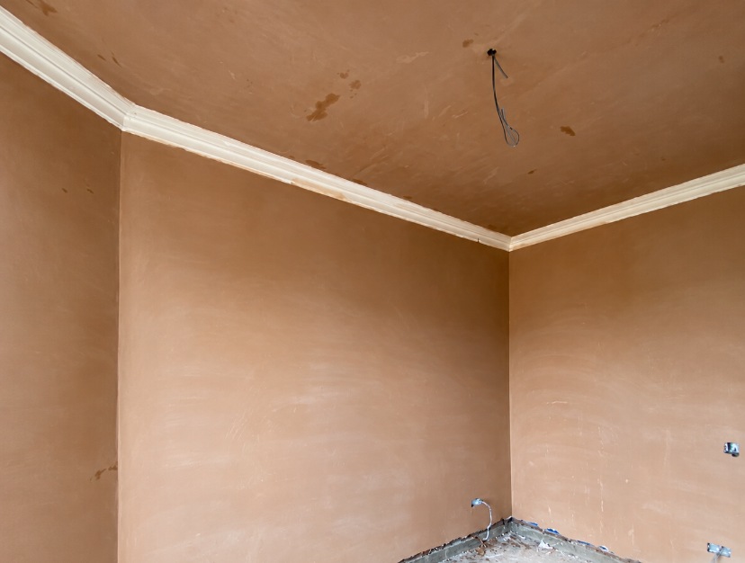 Wet plaster skim on corner walls beneath white ceiling coving in a SE London home.